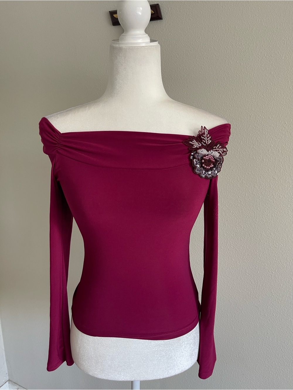 Off-Shoulder Long Sleeve Top with Floral Applique - Magenta